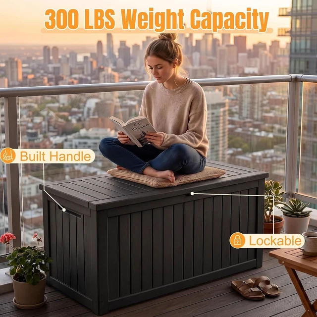 Alt view image 6 of 7 - 300 Gallon Waterproof Resin Outdoor Storage Deck Box with Support Rod
