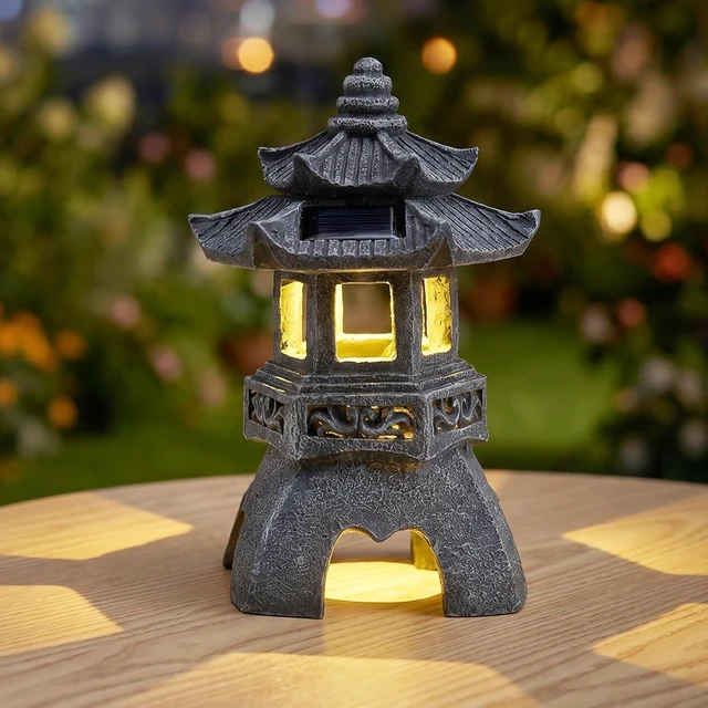 Alt view image 2 of 7 - Zen Pagoda Solar Garden Statue, Outdoor Decor with 3 Solar Panels