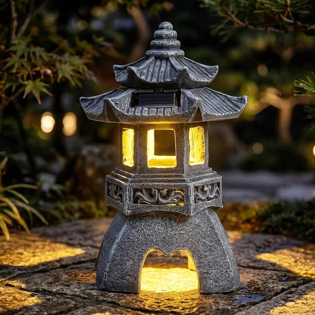 Main image of Zen Pagoda Solar Garden Statue, Outdoor Decor with 3 Solar Panels