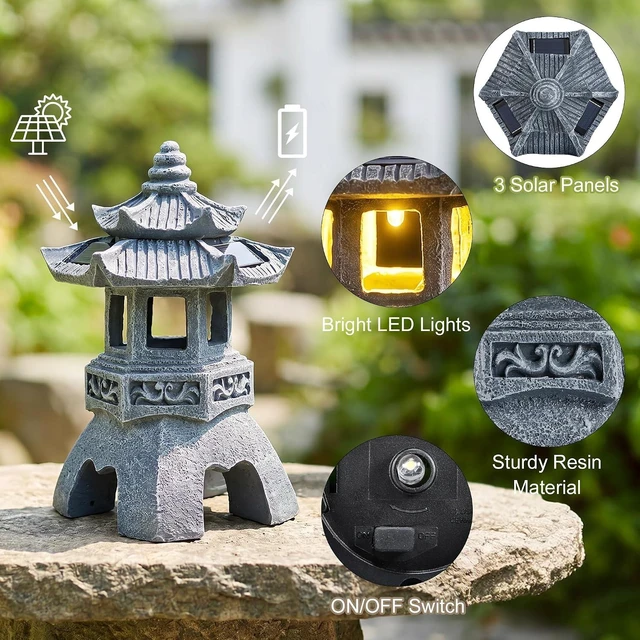 Alt view image 4 of 7 - Zen Pagoda Solar Garden Statue, Outdoor Decor with 3 Solar Panels