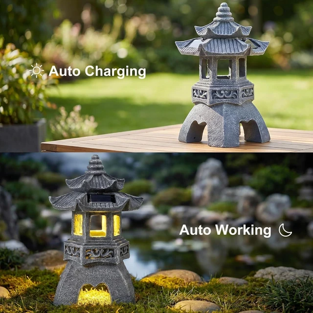 Alt view image 5 of 7 - Zen Pagoda Solar Garden Statue, Outdoor Decor with 3 Solar Panels