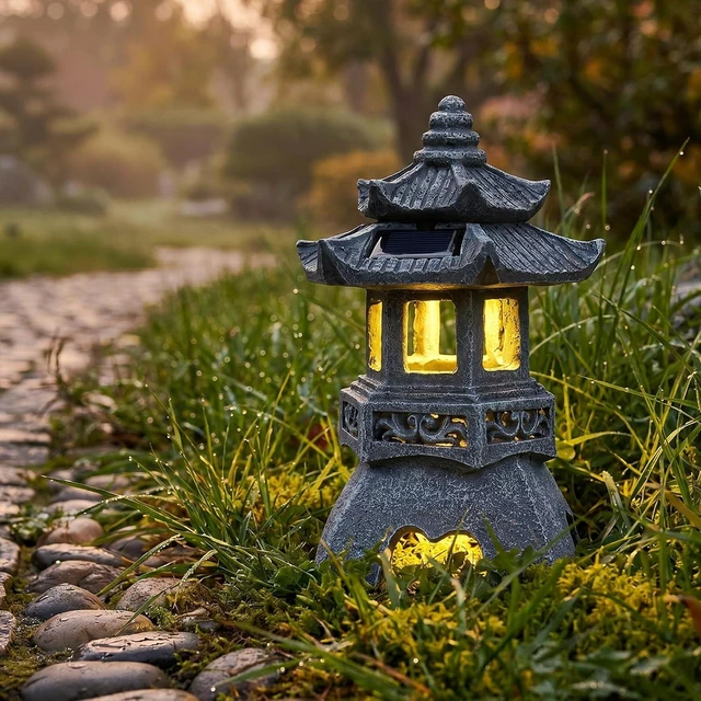 Alt view image 7 of 7 - Zen Pagoda Solar Garden Statue, Outdoor Decor with 3 Solar Panels