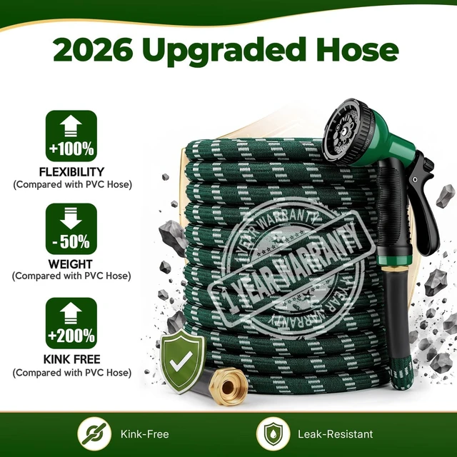 Alt view image 2 of 7 - 2026 Upgraded 100 ft Kink-Free Flexible Garden Hose with 10-Pattern Spray Nozzle, Leak-Proof, Ultra Lightweight & Durable for Yard, Lawn & Outdoor (DarkGreen)
