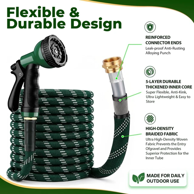 Alt view image 3 of 7 - 2026 Upgraded 100 ft Kink-Free Flexible Garden Hose with 10-Pattern Spray Nozzle, Leak-Proof, Ultra Lightweight & Durable for Yard, Lawn & Outdoor (DarkGreen)