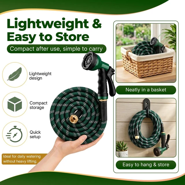 Alt view image 6 of 7 - 2026 Upgraded 100 ft Kink-Free Flexible Garden Hose with 10-Pattern Spray Nozzle, Leak-Proof, Ultra Lightweight & Durable for Yard, Lawn & Outdoor (DarkGreen)