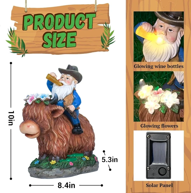 Alt view image 5 of 7 - Solar Gnome & Highland Cow Garden Statue with Lights, Outdoor Yard Lawn Patio Decor, Gifts for Women, Mom, Grandma & Gardeners, Mother's Day
