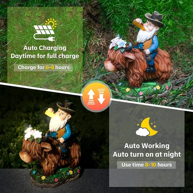Alt view image 4 of 7 - Solar Gnome & Highland Cow Garden Statue with Lights, Outdoor Yard Lawn Patio Decor, Gifts for Women, Mom, Grandma & Gardeners, Mother's Day