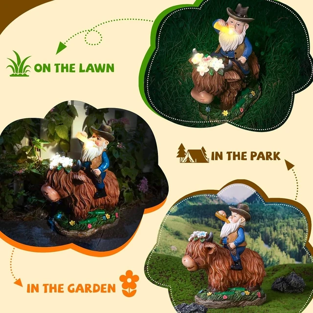 Alt view image 6 of 7 - Solar Gnome & Highland Cow Garden Statue with Lights, Outdoor Yard Lawn Patio Decor, Gifts for Women, Mom, Grandma & Gardeners, Mother's Day