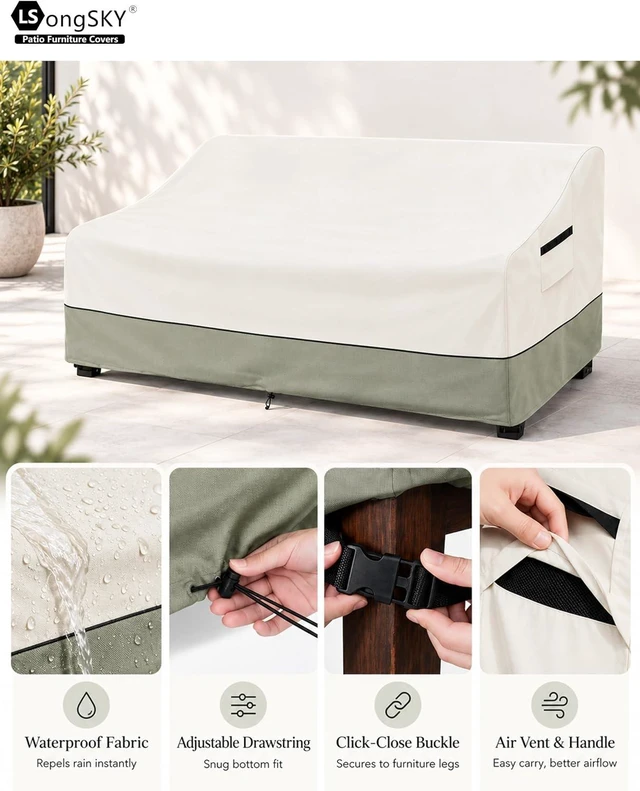 Alt view image 3 of 7 - 85" 600D Waterproof Patio Sofa Cover, Outdoor Couch, Beige