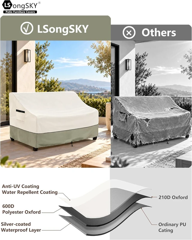 Alt view image 4 of 7 - 85" 600D Waterproof Patio Sofa Cover, Outdoor Couch, Beige