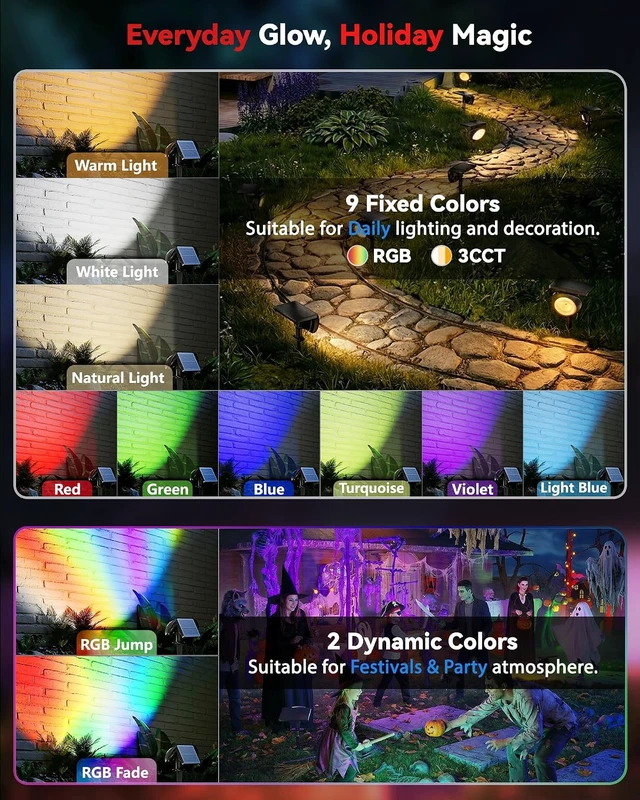 Alt view image 4 of 7 - 4 Pack Waterproof Focusing Solar Spot Lights, RGB+3CCT Tree Uplights