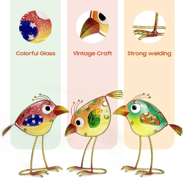 Alt view image 3 of 6 - Set of 3 Colorful Metal & Glass Bird Garden Decor, Outdoor Patio Yard Art