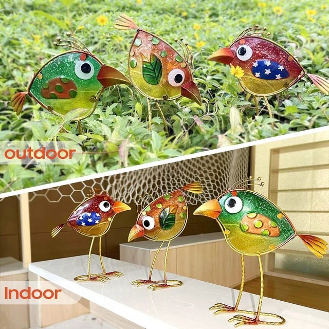Alt view image 4 of 6 - Set of 3 Colorful Metal & Glass Bird Garden Decor, Outdoor Patio Yard Art