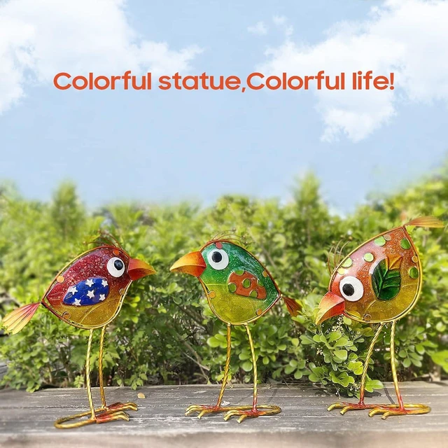 Alt view image 5 of 6 - Set of 3 Colorful Metal & Glass Bird Garden Decor, Outdoor Patio Yard Art