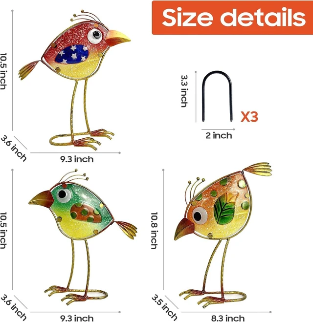 Alt view image 6 of 6 - Set of 3 Colorful Metal & Glass Bird Garden Decor, Outdoor Patio Yard Art