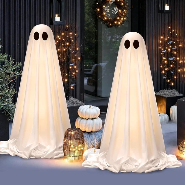 Main image of 2 Pack Light-Up Cute Ghost Halloween Decorations with Scary Sounds, Spooky DIY Standing Decor for Front Yards, Gardens, Porch, Lawn & Party