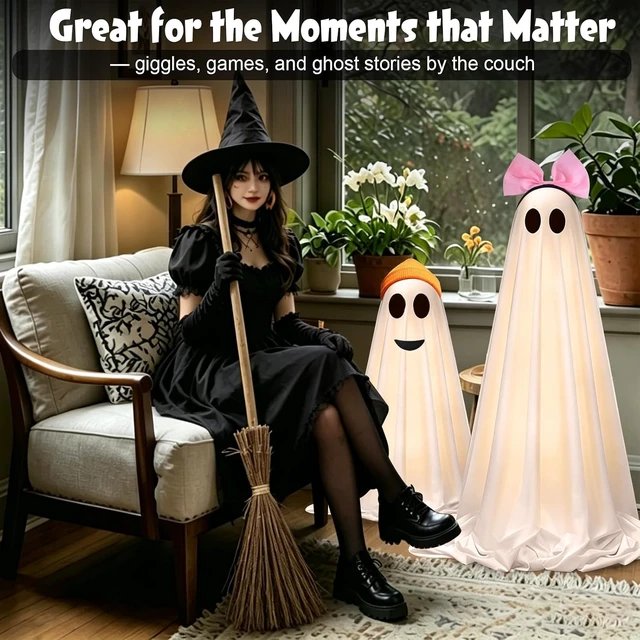 Alt view image 3 of 6 - 2 Pack Light-Up Cute Ghost Halloween Decorations with Scary Sounds, Spooky DIY Standing Decor for Front Yards, Gardens, Porch, Lawn & Party