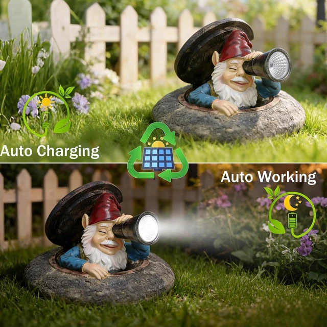 Alt view image 2 of 7 - Funny Solar Garden Gnome Statue Peeking from Manhole Cover with Telescope Lights, Waterproof Resin Outdoor Decor for Yard, Lawn & Patio, Gift for Women & Garden Lovers