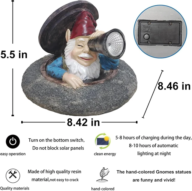 Alt view image 3 of 7 - Funny Solar Garden Gnome Statue Peeking from Manhole Cover with Telescope Lights, Waterproof Resin Outdoor Decor for Yard, Lawn & Patio, Gift for Women & Garden Lovers