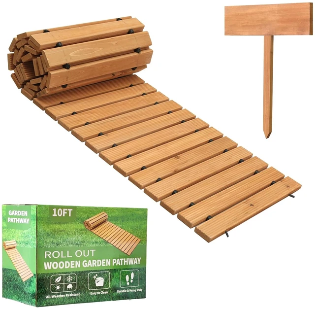Main image of 10FT Weather-Resistant Non-Slip Roll-Out Wooden Garden Pathway, Hardwood Walkway Pavers for Garden, Backyard, Beach & Party Paths