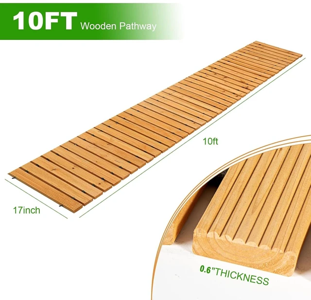 Alt view image 3 of 7 - 10FT Weather-Resistant Non-Slip Roll-Out Wooden Garden Pathway, Hardwood Walkway Pavers for Garden, Backyard, Beach & Party Paths