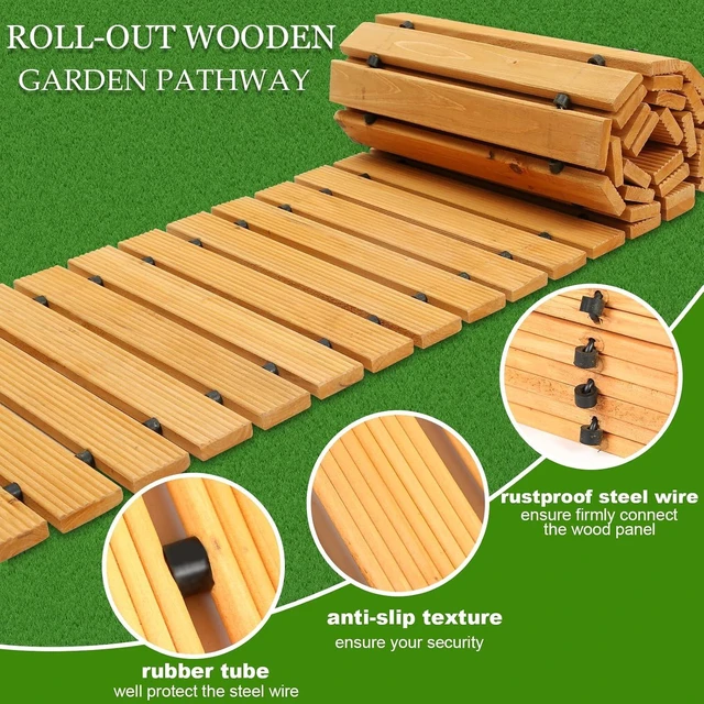 Alt view image 6 of 7 - 10FT Weather-Resistant Non-Slip Roll-Out Wooden Garden Pathway, Hardwood Walkway Pavers for Garden, Backyard, Beach & Party Paths