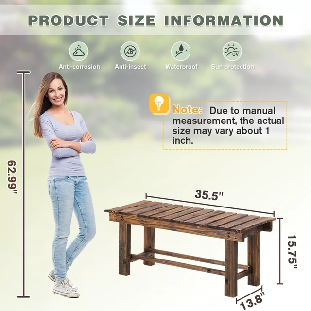 Alt view image 2 of 7 - 35.5" Carbonized Weatherproof Backless Outdoor Garden Wood Bench