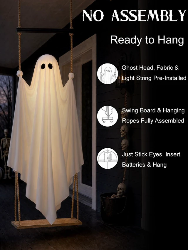 Alt view image 2 of 7 - 4.6FT Large Pre-Assembled Hanging Swing Ghost, Outdoor Halloween Decoration