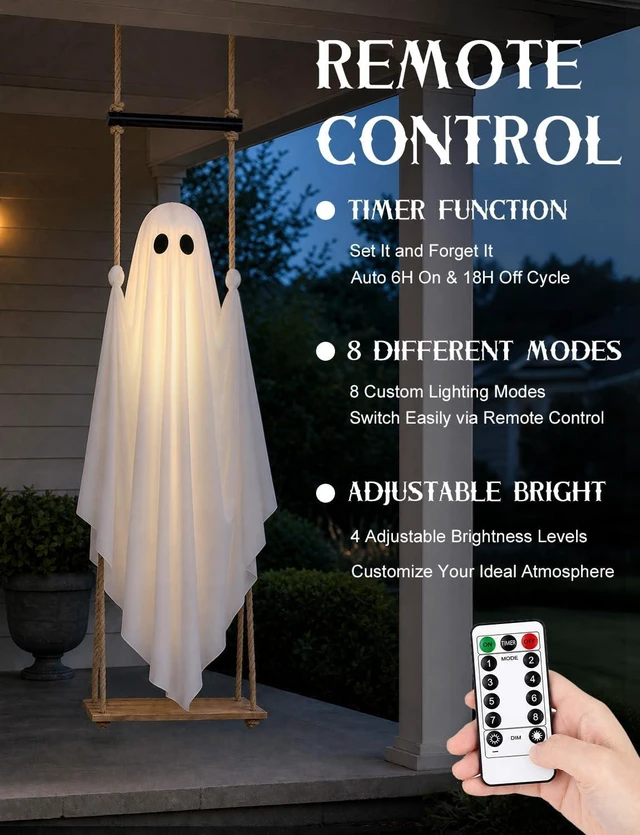 Alt view image 4 of 7 - 4.6FT Large Pre-Assembled Hanging Swing Ghost, Outdoor Halloween Decoration
