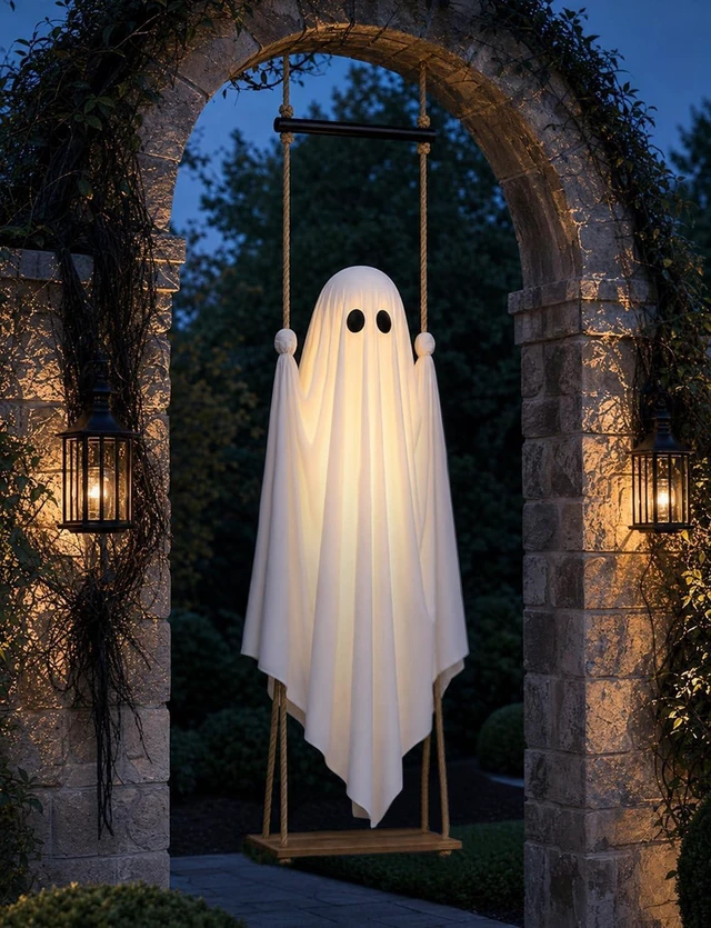 Alt view image 5 of 7 - 4.6FT Large Pre-Assembled Hanging Swing Ghost, Outdoor Halloween Decoration