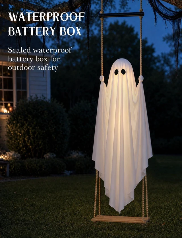 Alt view image 6 of 7 - 4.6FT Large Pre-Assembled Hanging Swing Ghost, Outdoor Halloween Decoration