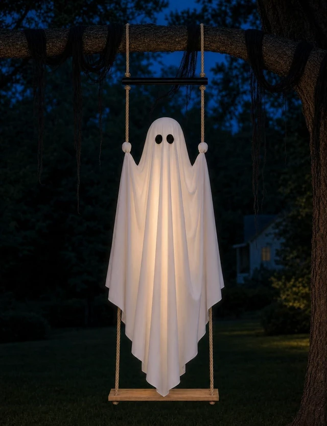 Alt view image 7 of 7 - 4.6FT Large Pre-Assembled Hanging Swing Ghost, Outdoor Halloween Decoration