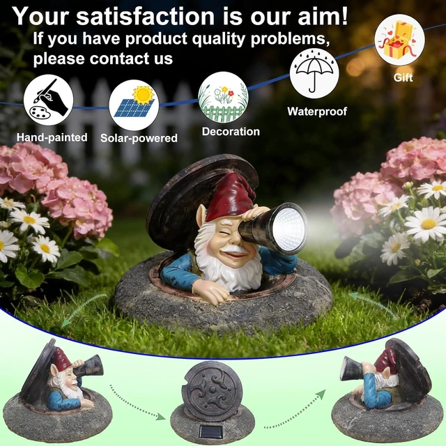 Alt view image 5 of 7 - Funny Solar Garden Gnome Statue Peeking from Manhole Cover with Telescope Lights, Waterproof Resin Outdoor Decor for Yard, Lawn & Patio, Gift for Women & Garden Lovers
