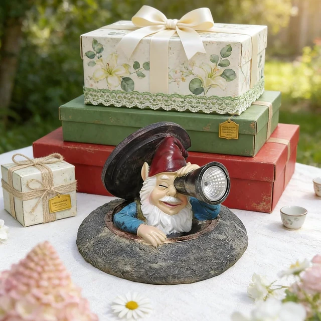 Alt view image 6 of 7 - Funny Solar Garden Gnome Statue Peeking from Manhole Cover with Telescope Lights, Waterproof Resin Outdoor Decor for Yard, Lawn & Patio, Gift for Women & Garden Lovers