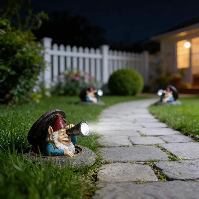 Alt view image 7 of 7 - Funny Solar Garden Gnome Statue Peeking from Manhole Cover with Telescope Lights, Waterproof Resin Outdoor Decor for Yard, Lawn & Patio, Gift for Women & Garden Lovers