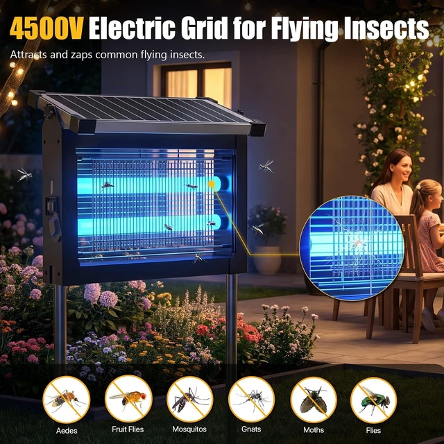 Alt view image 3 of 7 - 4500V Solar Bug Zapper with UV Light, Smart Auto Mode, 4000mAh USB-C Rechargeable Cordless Mosquito Killer, IP66 Waterproof for Patio, Backyard, Garden & Camping