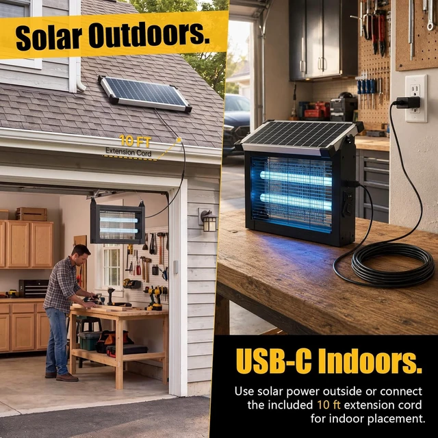 Alt view image 4 of 7 - 4500V Solar Bug Zapper with UV Light, Smart Auto Mode, 4000mAh USB-C Rechargeable Cordless Mosquito Killer, IP66 Waterproof for Patio, Backyard, Garden & Camping