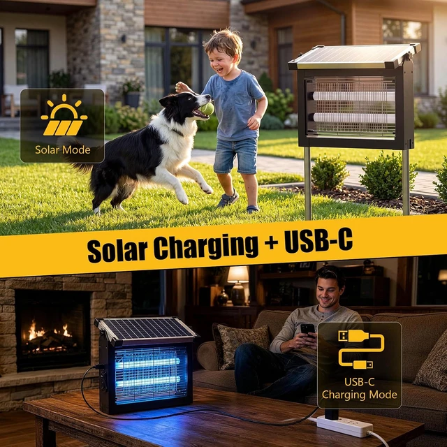 Alt view image 5 of 7 - 4500V Solar Bug Zapper with UV Light, Smart Auto Mode, 4000mAh USB-C Rechargeable Cordless Mosquito Killer, IP66 Waterproof for Patio, Backyard, Garden & Camping