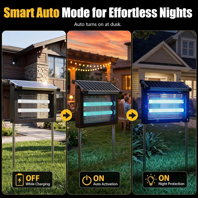 Alt view image 6 of 7 - 4500V Solar Bug Zapper with UV Light, Smart Auto Mode, 4000mAh USB-C Rechargeable Cordless Mosquito Killer, IP66 Waterproof for Patio, Backyard, Garden & Camping