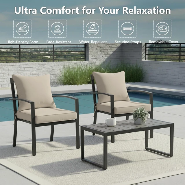 Alt view image 2 of 7 - 24x24 Inch Outdoor Chair Cushions Set of 2 with Removable Cover, Water-Repellent, Fade-Resistant, Non-Slip Bottom & Straps, Replacement for Deep Seat Sofa & Couch, Cream