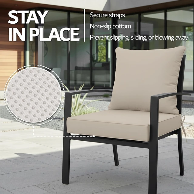 Alt view image 5 of 7 - 24x24 Inch Outdoor Chair Cushions Set of 2 with Removable Cover, Water-Repellent, Fade-Resistant, Non-Slip Bottom & Straps, Replacement for Deep Seat Sofa & Couch, Cream