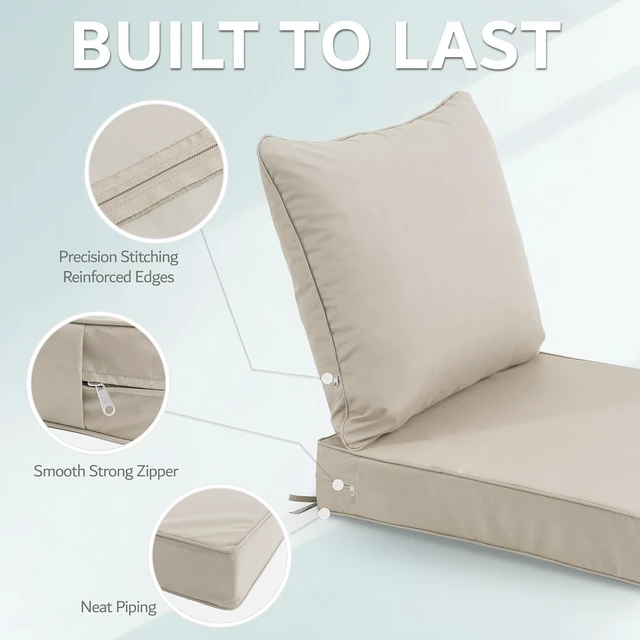 Alt view image 6 of 7 - 24x24 Inch Outdoor Chair Cushions Set of 2 with Removable Cover, Water-Repellent, Fade-Resistant, Non-Slip Bottom & Straps, Replacement for Deep Seat Sofa & Couch, Cream
