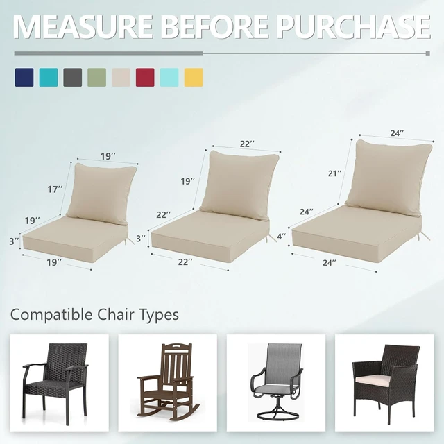 Alt view image 7 of 7 - 24x24 Inch Outdoor Chair Cushions Set of 2 with Removable Cover, Water-Repellent, Fade-Resistant, Non-Slip Bottom & Straps, Replacement for Deep Seat Sofa & Couch, Cream