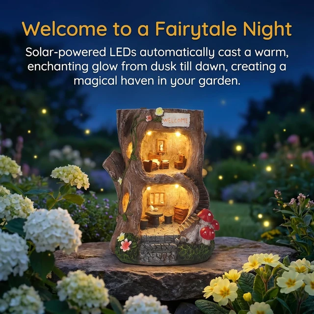 Alt view image 2 of 7 - Big Size Solar Gnome Fairy Garden House for Outside, 8" Tall Miniature Building Sculpture for Outdoor Garden, Patio, Lawn & Path Decor