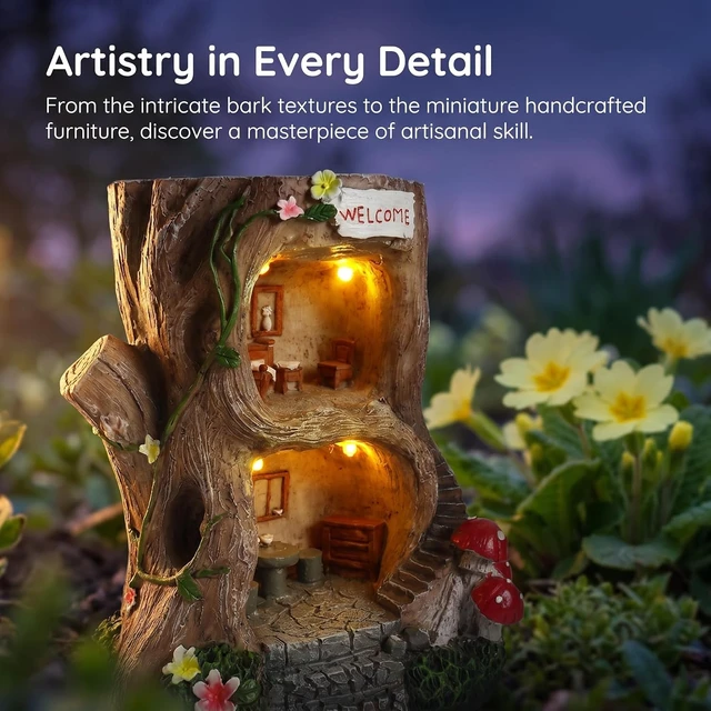 Alt view image 5 of 7 - Big Size Solar Gnome Fairy Garden House for Outside, 8" Tall Miniature Building Sculpture for Outdoor Garden, Patio, Lawn & Path Decor