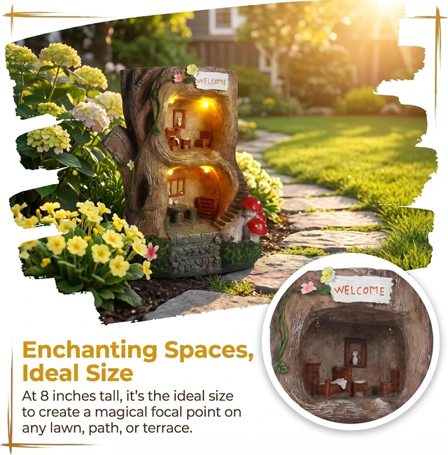 Alt view image 3 of 7 - Big Size Solar Gnome Fairy Garden House for Outside, 8" Tall Miniature Building Sculpture for Outdoor Garden, Patio, Lawn & Path Decor