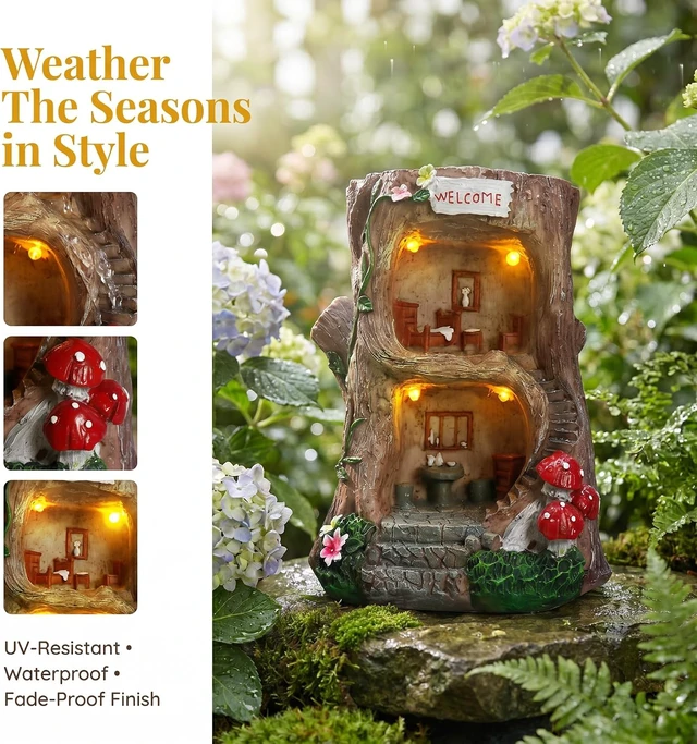 Alt view image 4 of 7 - Big Size Solar Gnome Fairy Garden House for Outside, 8" Tall Miniature Building Sculpture for Outdoor Garden, Patio, Lawn & Path Decor