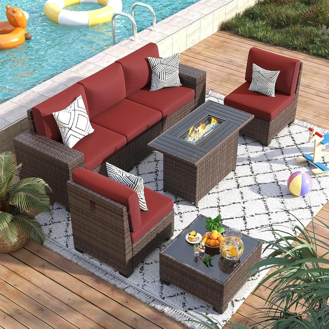 Alt view image 2 of 6 - 7-Piece Wicker Rattan Patio Furniture Set with Fire Pit Table & Coffee Table, Outdoor Sectional Sofa with 4'' Thickened Cushion for Patio, Garden & Backyard, Wine Red
