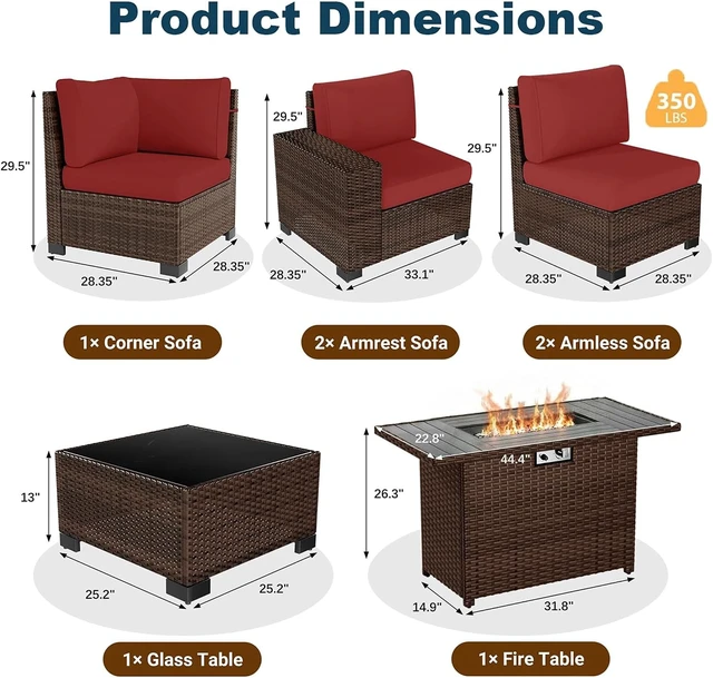Alt view image 4 of 6 - 7-Piece Wicker Rattan Patio Furniture Set with Fire Pit Table & Coffee Table, Outdoor Sectional Sofa with 4'' Thickened Cushion for Patio, Garden & Backyard, Wine Red