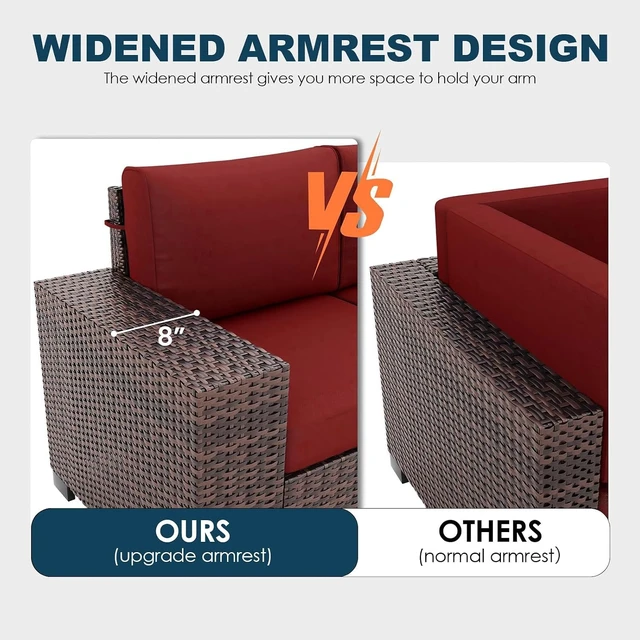 Alt view image 5 of 6 - 7-Piece Wicker Rattan Patio Furniture Set with Fire Pit Table & Coffee Table, Outdoor Sectional Sofa with 4'' Thickened Cushion for Patio, Garden & Backyard, Wine Red